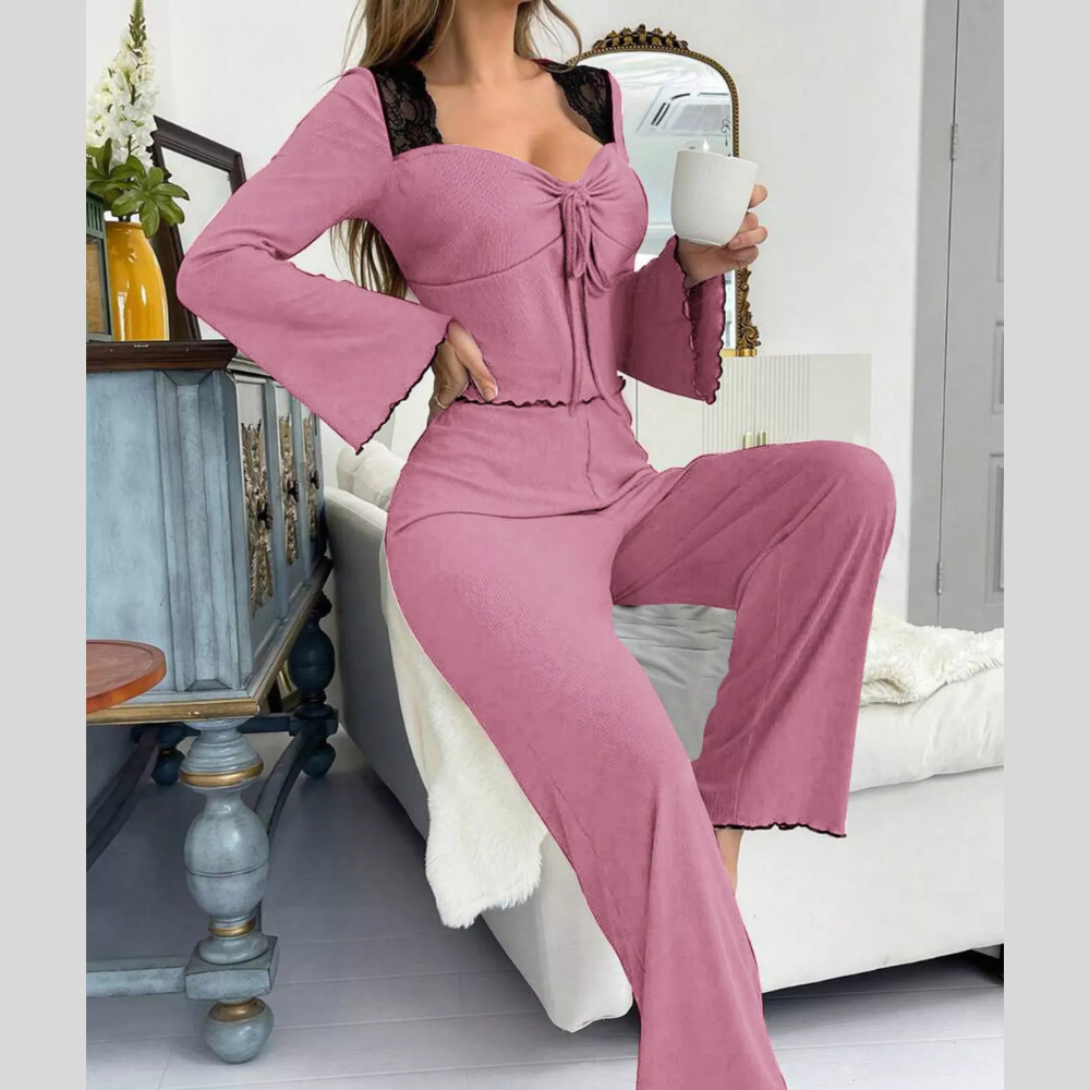 Lace Detail Flare Sleeves Top and Pants Lounge Set