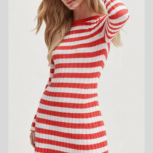 Striped Ribbed Knit Long Sleeve Sweater Dress