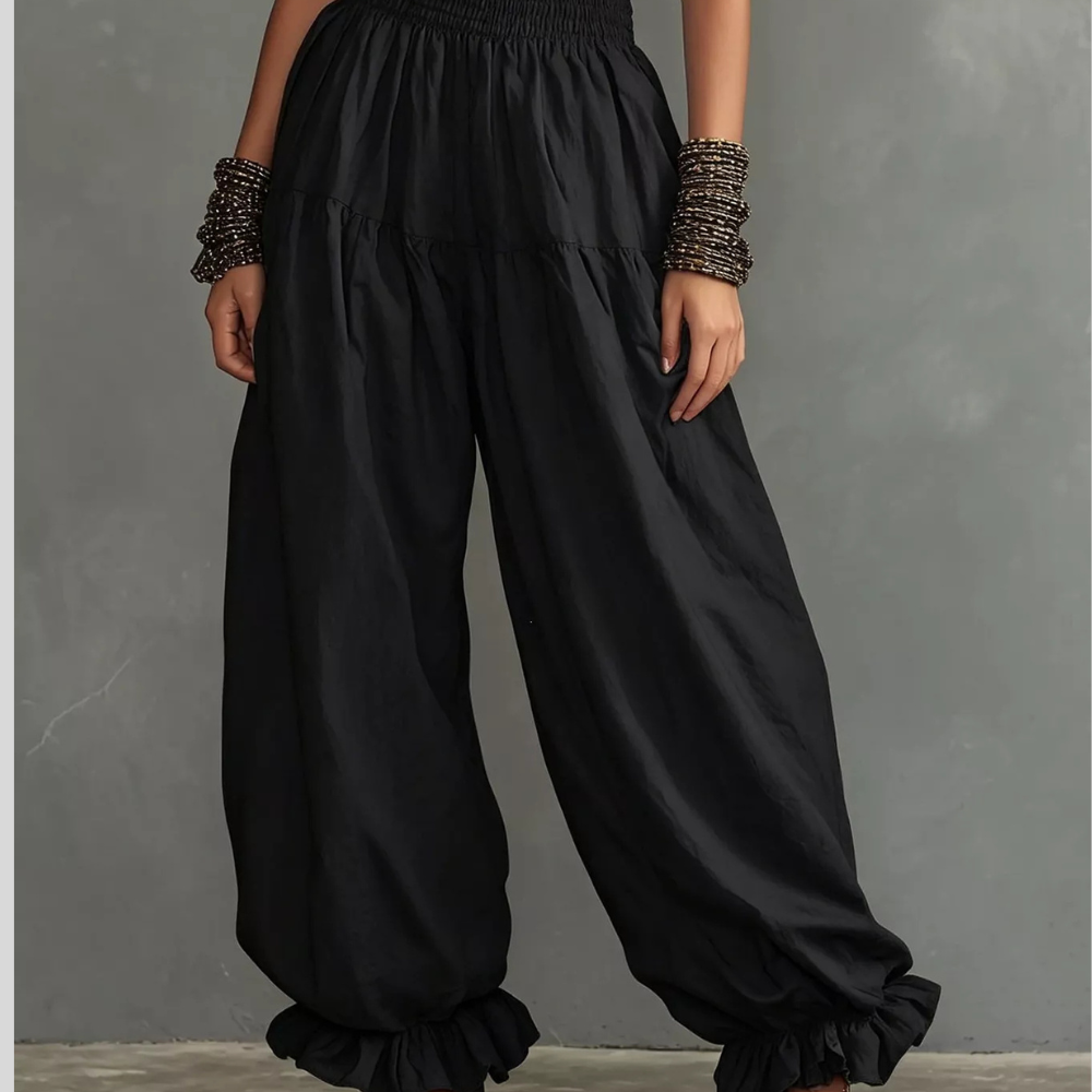 Full Size Smocked Ruffle Hem Wide Leg Pants Plus Size