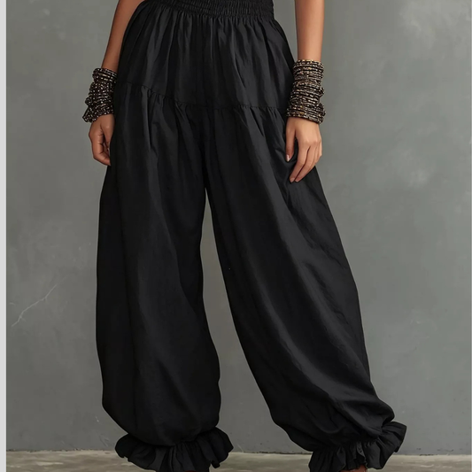 Full Size Smocked Ruffle Hem Wide Leg Pants Plus Size