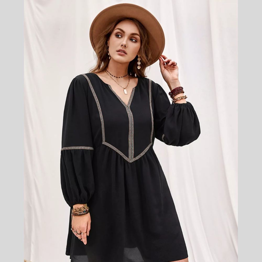 Plus Size Notched Balloon Sleeve Mini Dress