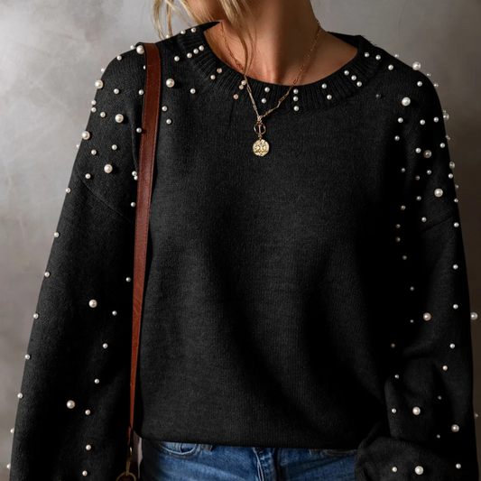 Pearl Detail Round Neck Long Sleeve Sweater