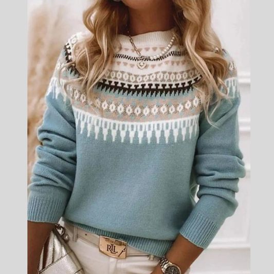 Full Size Vintage Patterned Round Neck Sweater Plus Size