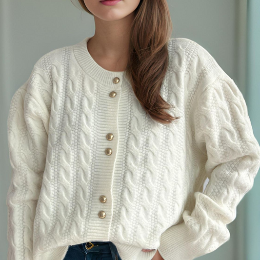 Cable-Knit Round Neck Long Sleeve Cardigan