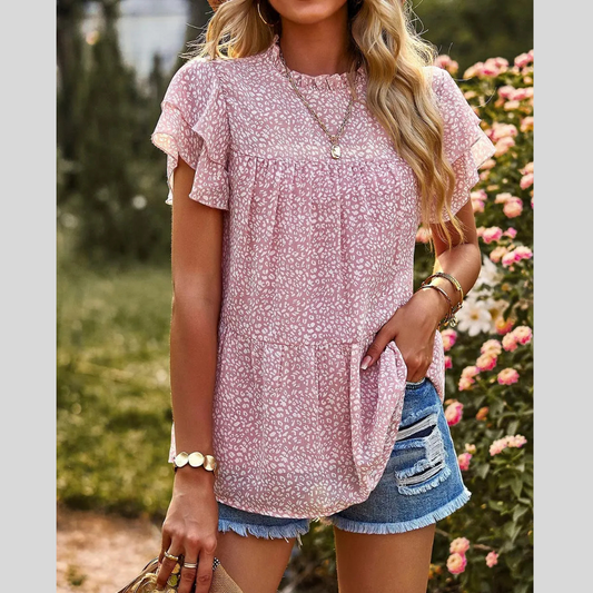 Printed Ruffle Sleeve Babydoll Blouse