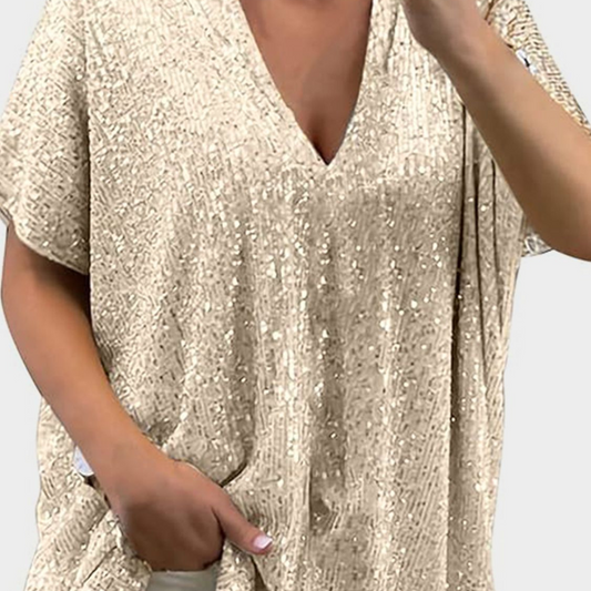 Full Size Sequin V-Neck Short Sleeve Top