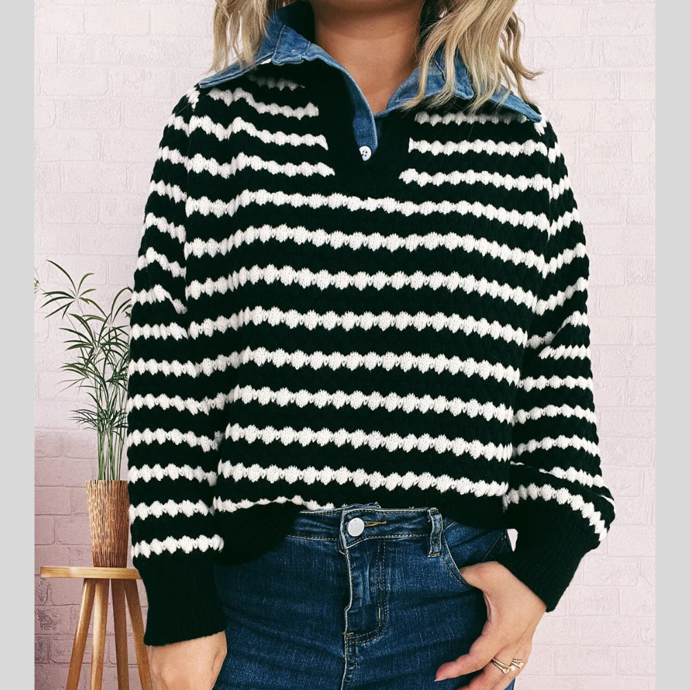 Contrast Striped Sweater with Denim Collar