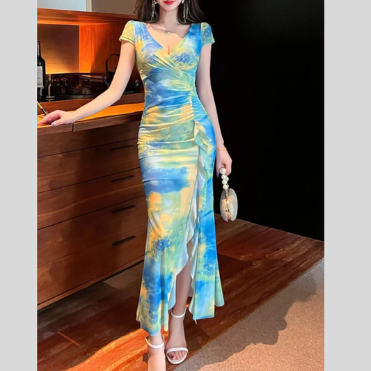 Tie-Dye Surplice Ruffle Slit Dress