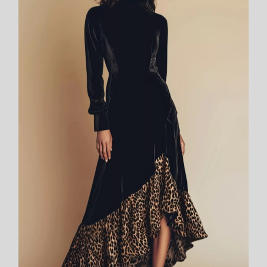 Leopard Ruffle Hem Mock Neck Dress