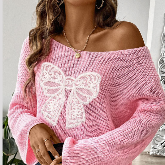 Bow Boat Neck Long Sleeve Sweater