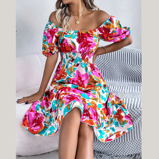 Ruffled Hem Smocked Floral Short Sleeve Midi Dress