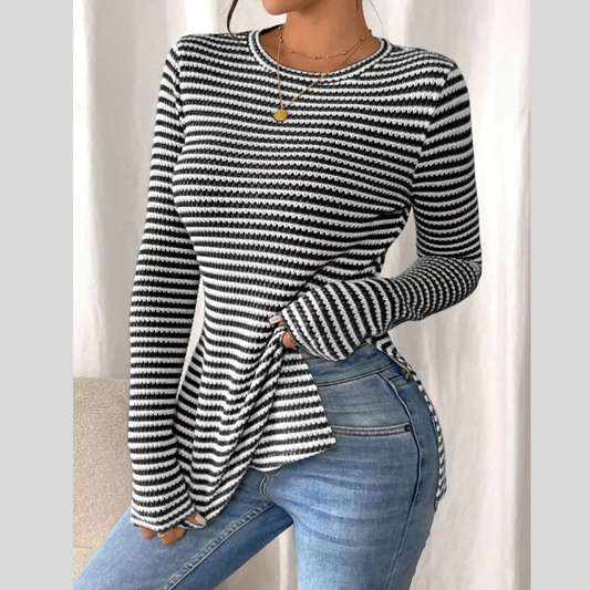 Slit Striped Long Sleeve Casual T-Shirt