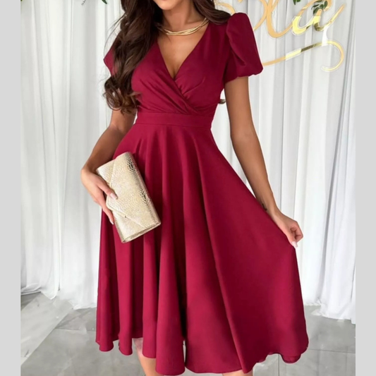 Surplice Puff Sleeve Midi Dress