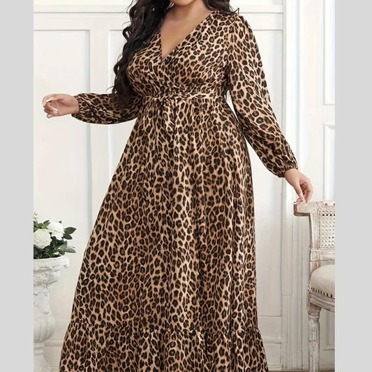 Plus Size Leopard Print Surplice Maxi Dress