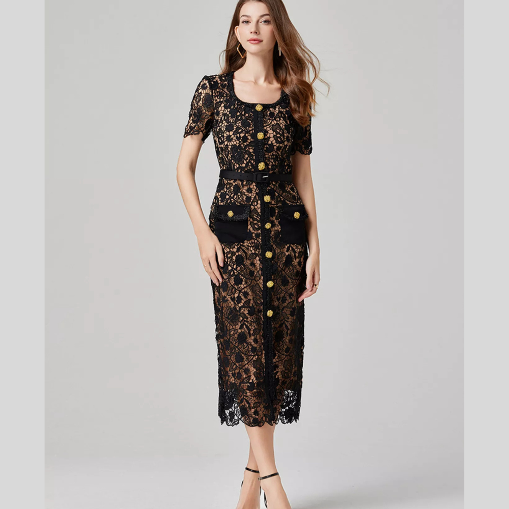 Lace Button-Up Midi Dress