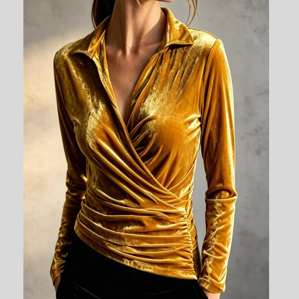 Full Size Velvet Wrap Blouse with Ruched Detail Plus Size
