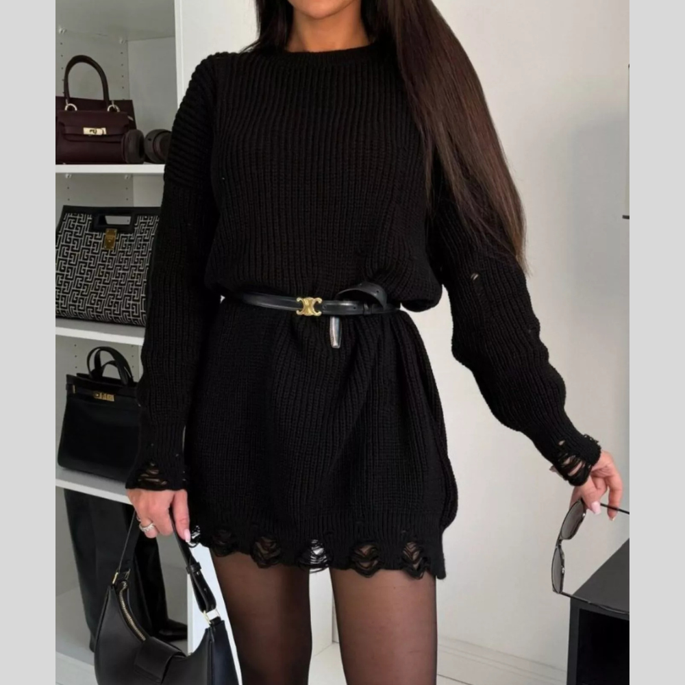 Distressed Round Neck Drop Shoulder Sweater Dress