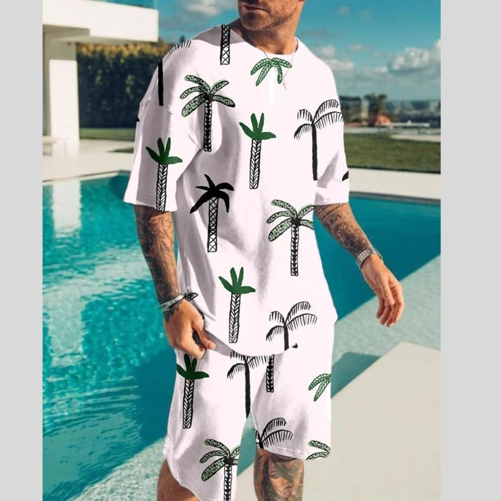 Men's Full Size Palm Tree Print Top and Shorts Set Plus Size