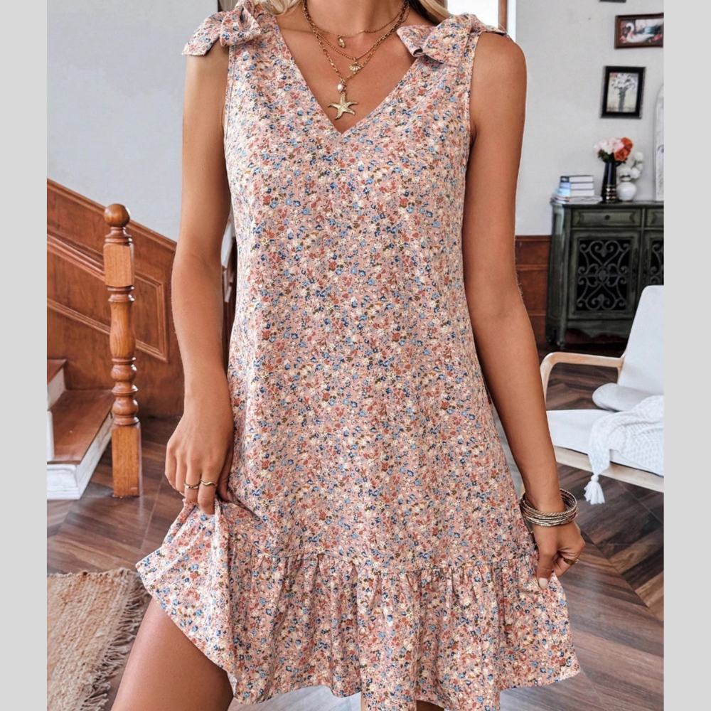 Floral Print Tie Strap Ruffle Hem Mini Dress