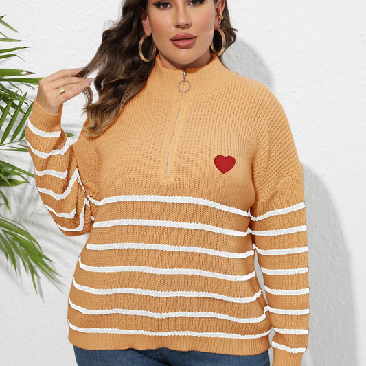 Plus Size Zip-Up Striped Sweater