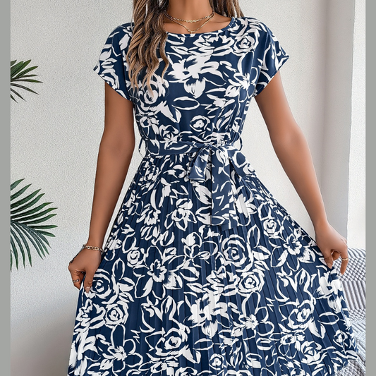 Tied Pleated Printed Short Sleeve Dress