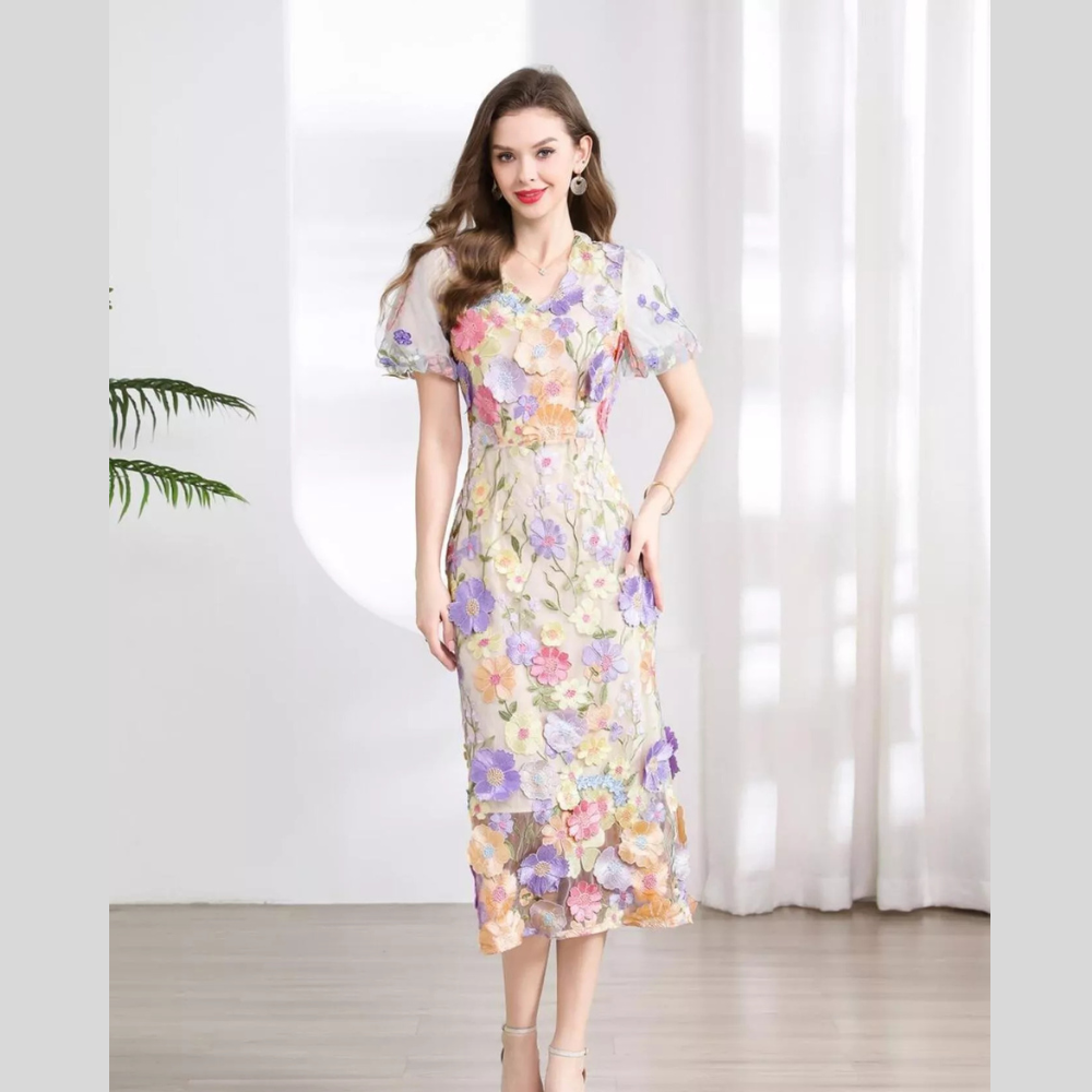 Floral Embroidered Puff Sleeve Midi Dress