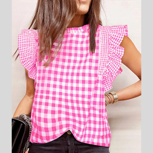 Checkered Ruffled Sleeve Frilled Neck Blouse