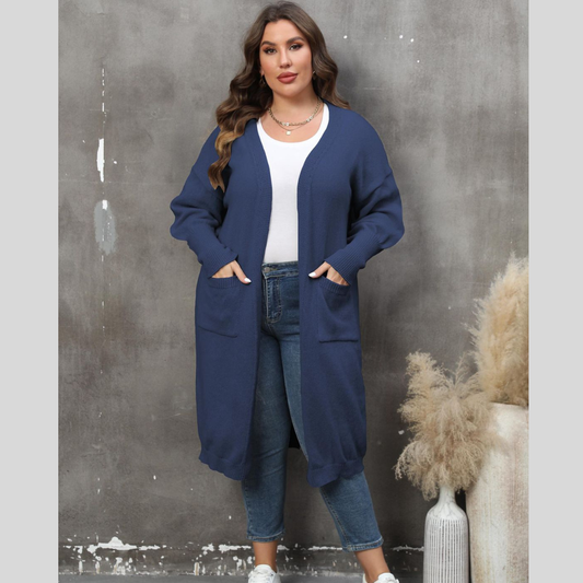 Plus Size Long Sleeve Pocketed Cardigan
