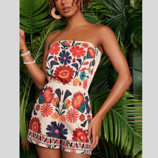 Floral Print Strapless Elastic Waist Romper