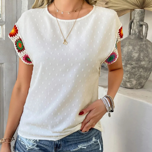 Devine Swiss Dot Round Neck Crochet Short Sleeve Top