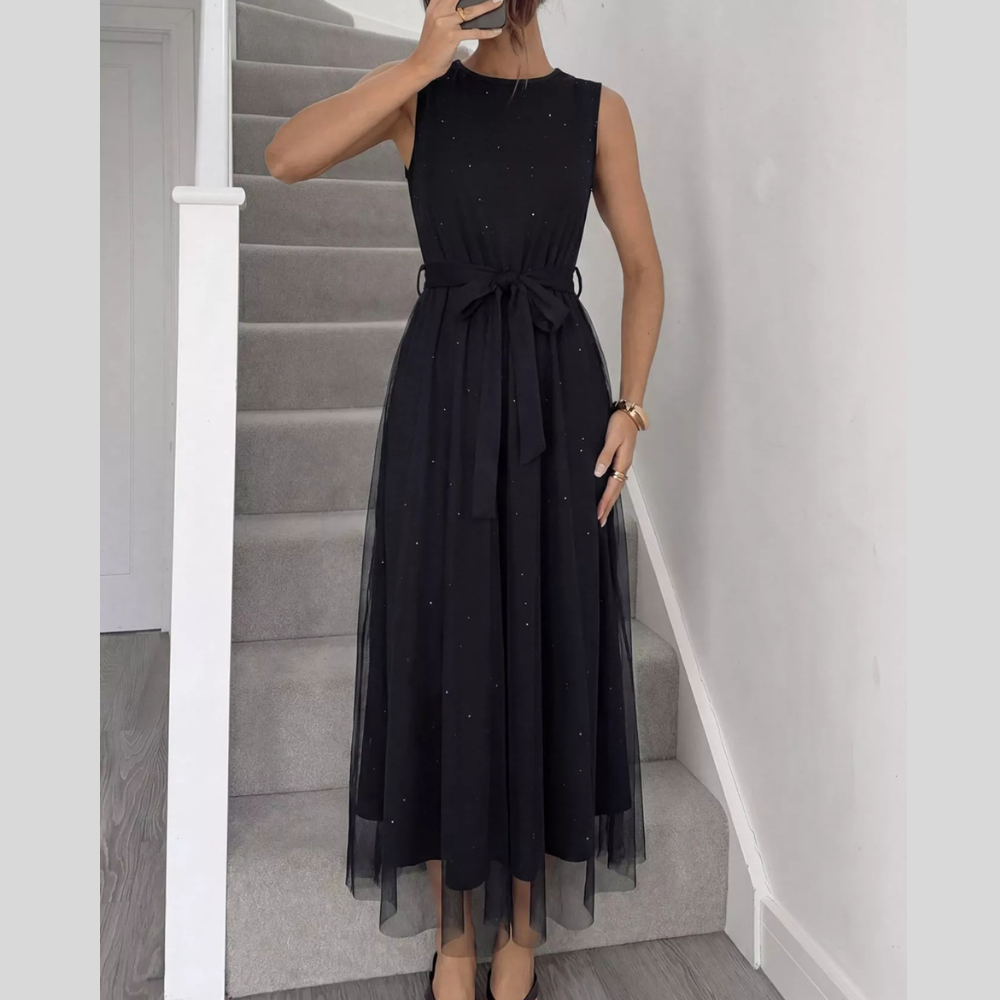 Glitter Sleeveless Tulle Midi Dress
