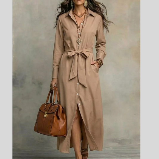 Full Size Tie Waist Long Sleeve Shirt Dress Plus Size
