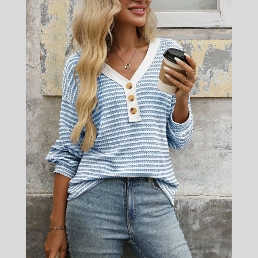 Striped V-Neck Button Front Casual Top