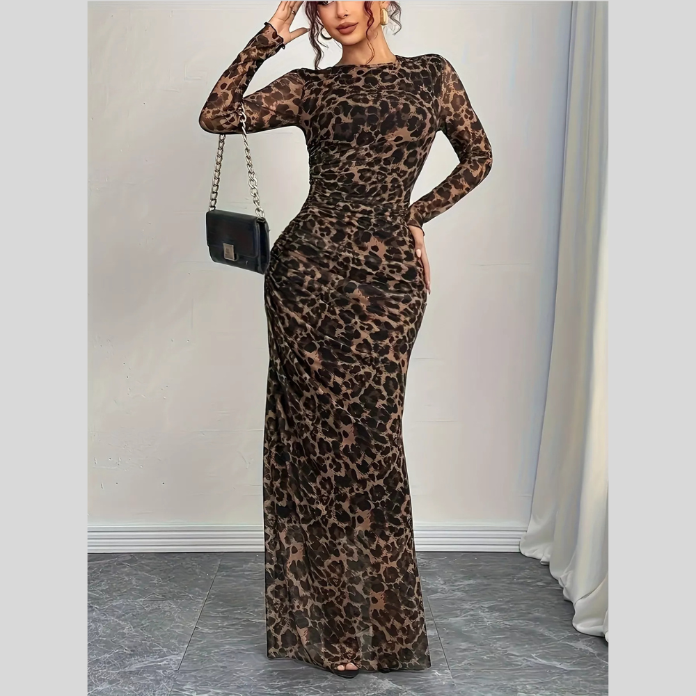 Leopard Print Long Sleeve Maxi Dress