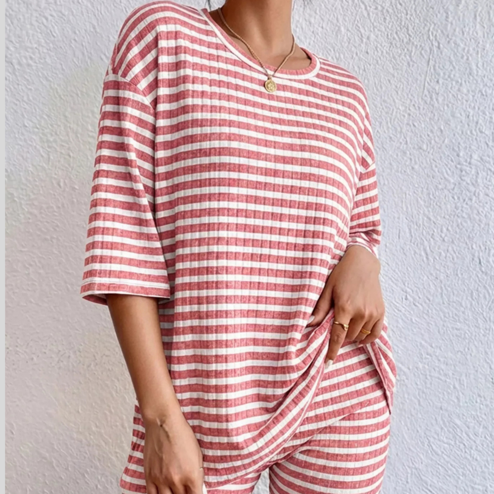 Striped Round Neck Top and Shorts Set