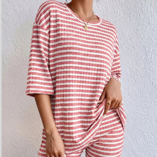 Striped Round Neck Top and Shorts Set