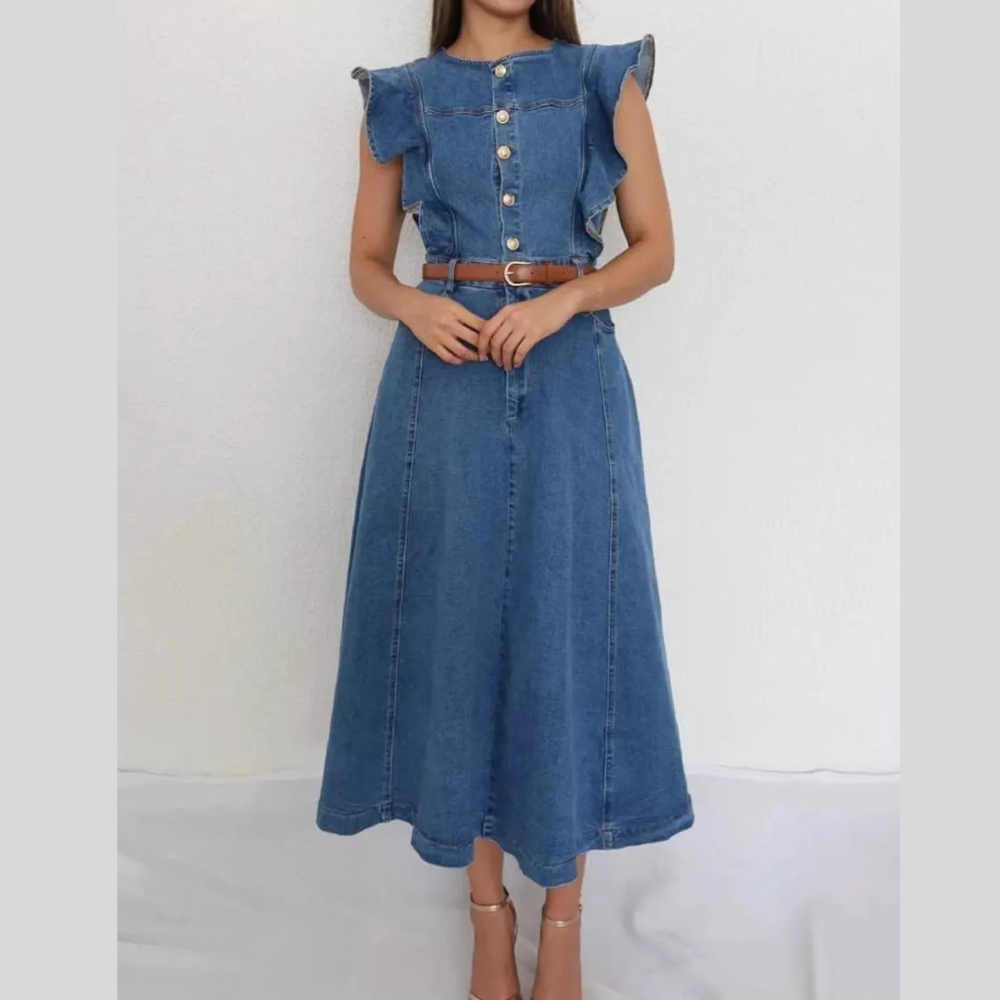 Ruffled Button Front Denim Dress
