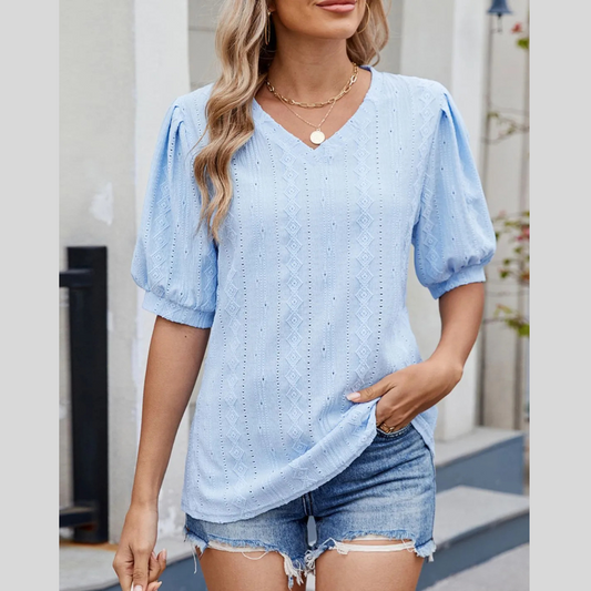 Puff Sleeve V-Neck Eyelet Lace T-Shirt