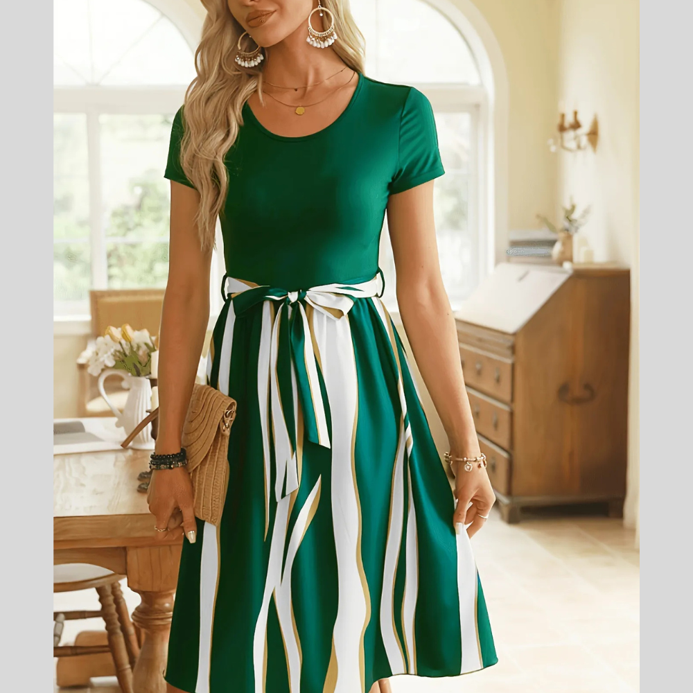 Striped Short Sleeve Tie Waist Dress