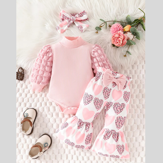 Children's Bubble Texture Long Sleeve Top and Pants Set with Headband
