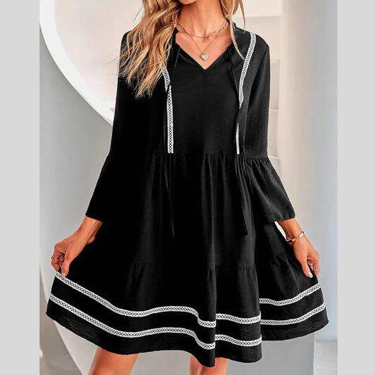 Tie-Neck Long Sleeve Mini Dress with Trim Detail