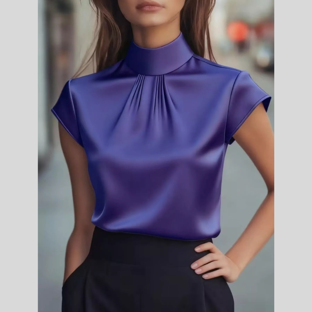 High Neck Cap Sleeve Satin Blouse