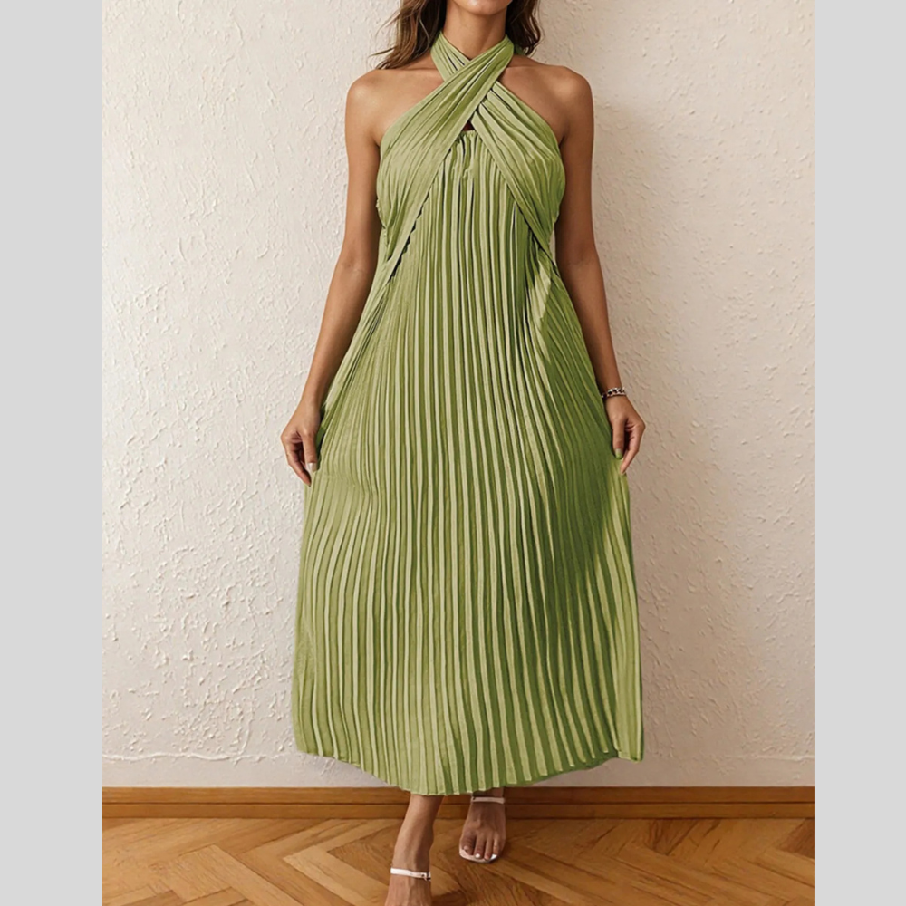 Pleated Halter Neck Midi Dress