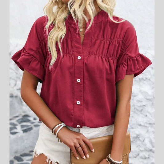 Button Down Ruffled Short Sleeve Shirt