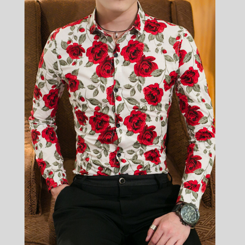 Men's Plus Size Floral Print Slim Fit Long Sleeve Shirt
