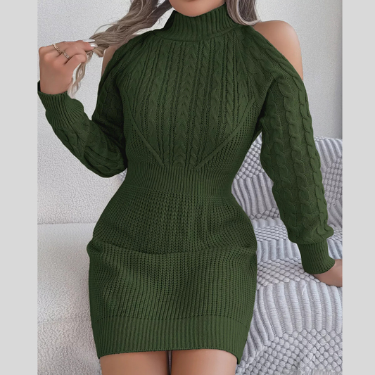 Cold Shoulder Cable Knit Turtleneck Sweater Dress