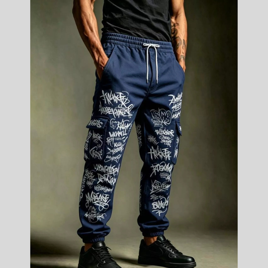 Men's Full Size Graffiti Print Cargo Joggers Plus Size
