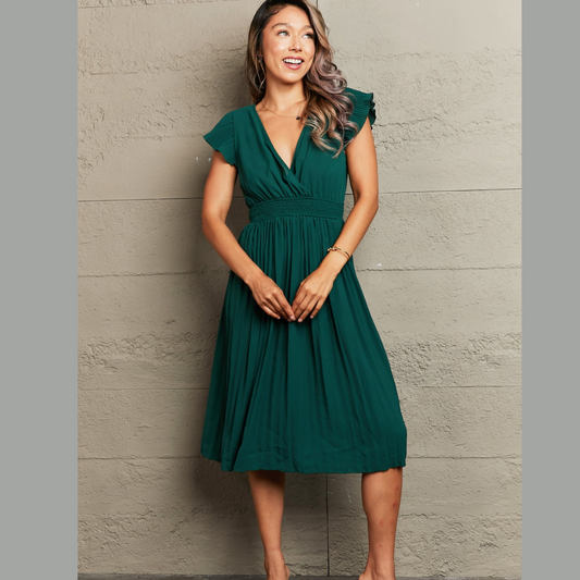 Perfee Tied Smocked Waist Flutter Sleeve Dress