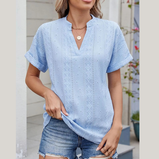 Eyelet Notched Short Sleeve Top