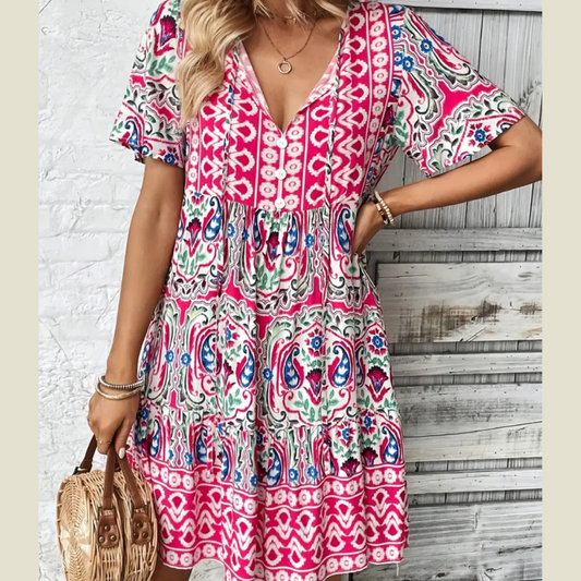 Printed Tie Neck Short Sleeve Dress